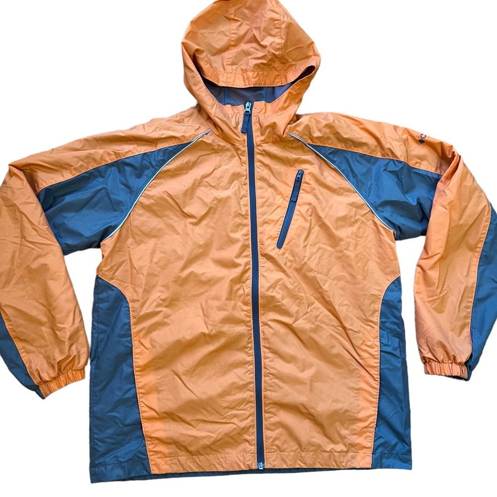 Columbia Youth 18/20 Orange Gray Hooded Rain Jacket Windbreaker